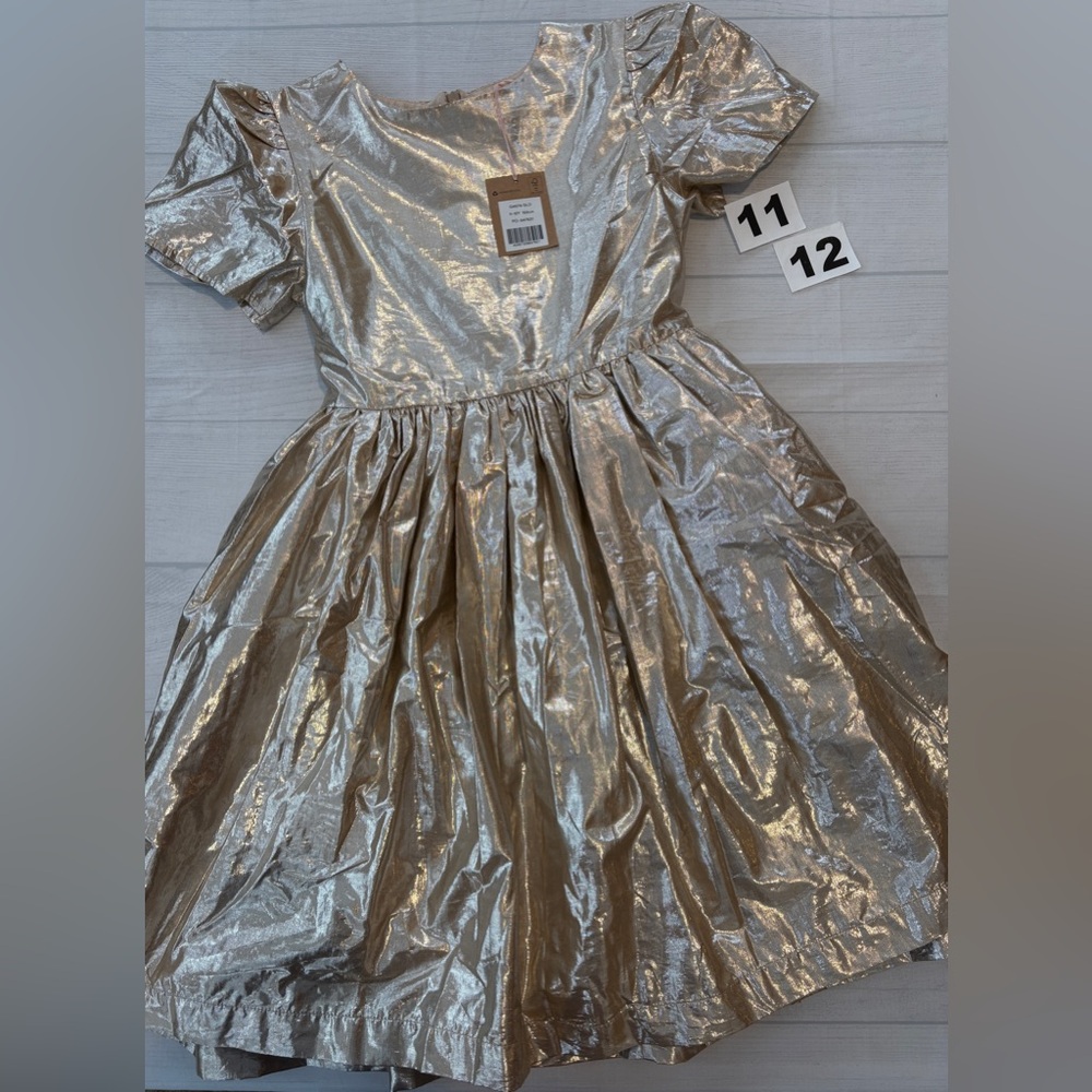 Mini Boden Metallic Gold Puff Sleeve Party Dress